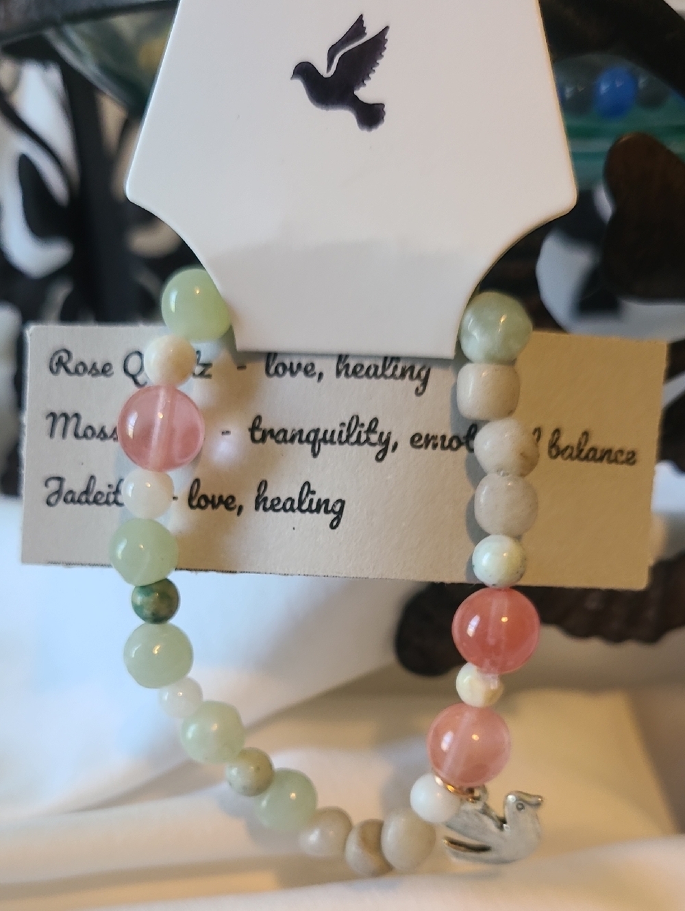 Grey Dove Creations Handmade Gemstone Beaded Stretch Bracelet with Dove Charm